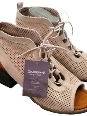BearPaw Beige Perforated Suede Open-Toe Lace Block Heel Sandal